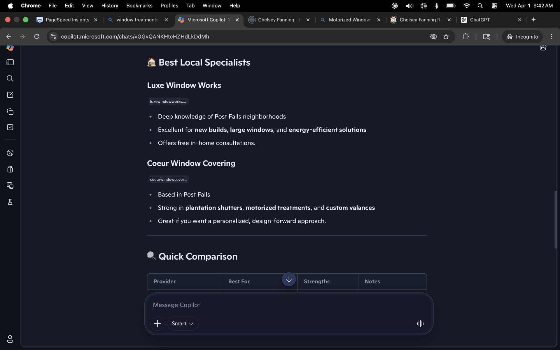 Microsoft Copilot — Luxe listed first under "Best Local Specialists."