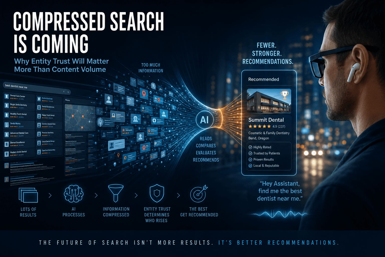 Compressed Search Is Coming — search results compressing from many links to a single AI recommendation
